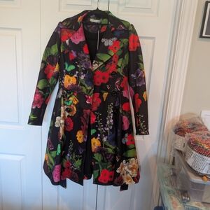 Alice + Olivia Black Coat with Red, Pink and Green Floral Accents